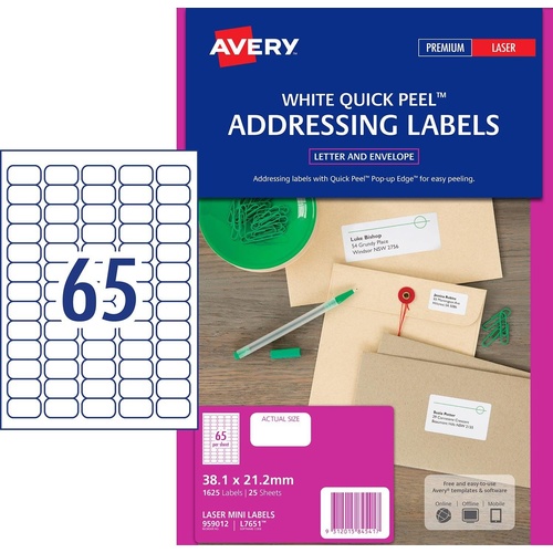 Avery L7651 Laser Mini Address Labels White 65 Per Page 25 Pack - 959012