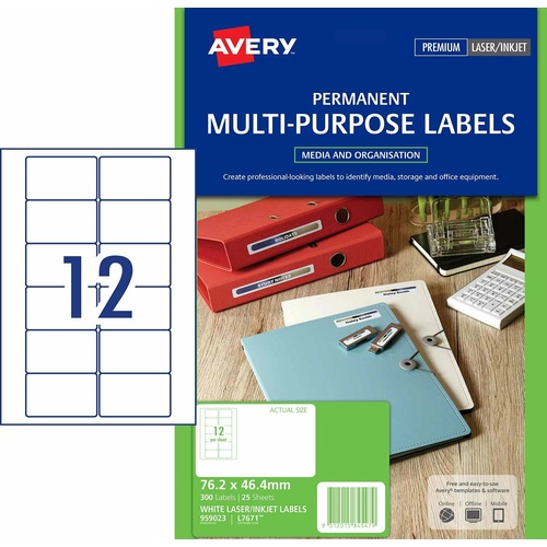 Avery L7671 Permanent Multi-Purpose Labels 12 Per Page 25 Pack - 959023
