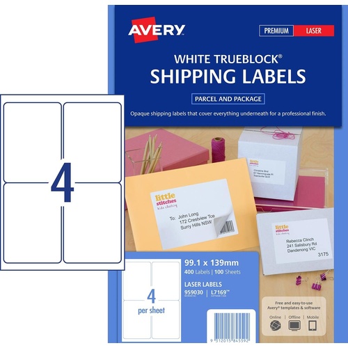 Avery L7169 Laser Address Labels White 4 Per Page 100 Pack - 959030