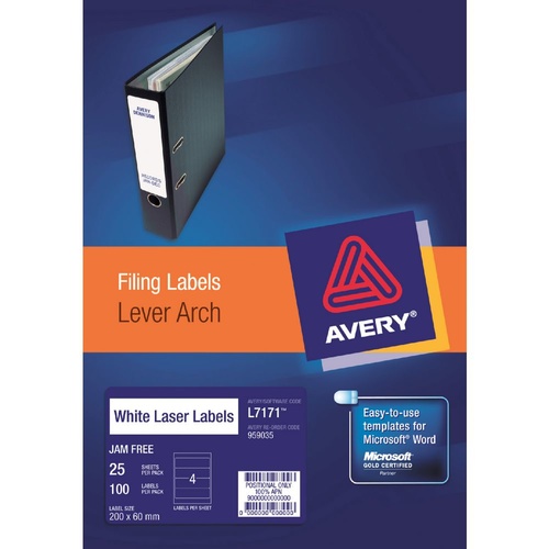 Avery L7171 Laser Lever Arch Labels 4 UP 25 Pack - 959035