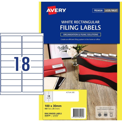 Avery L7172 Laser Ring Binder Labels 18 Per Page 25 Pack - 959036