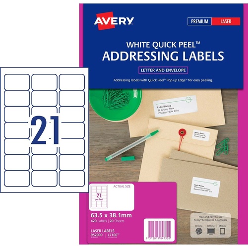 Avery L7160 Laser Address Labels White 21 Per Page 20 Pack - 952000
