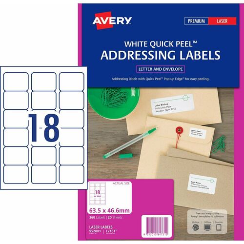 Avery L7161 Laser Address Labels White 18 Per Page 20 Pack - 952001