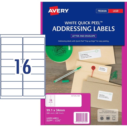 Avery L7162 Laser Address Labels White 16 Per Page 20 Pack - 952002