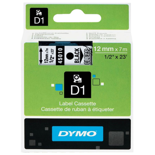 Dymo Label Tape D1 12mm x7m Water Resistant - Black on Clear