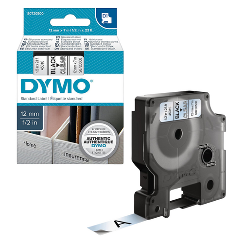 Dymo Label Tape D1 12mm x7m Water Resistant - Black on Clear - S0720500