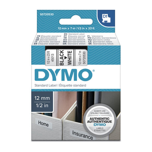 Dymo Genuine Label Tape D1 Water Resistant 12mm x 7m 45013 - Black on White