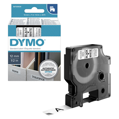Dymo Label Tape D1 12mm x 7m Water Resistant - Black on White - S0720530 