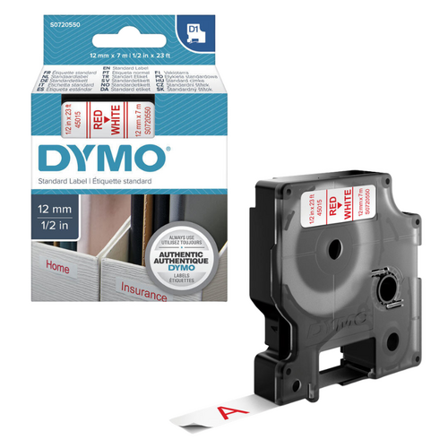 Dymo Label Tape D1 12mm x 7m Water Resistant - Red on White - S0720550 