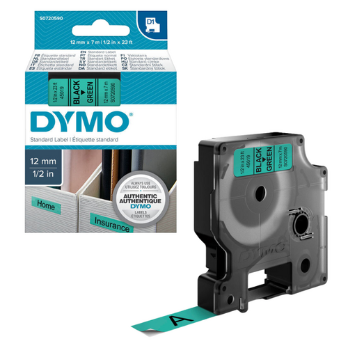 Dymo Label Tape D1 12mm x 7m Water Resistant - Black on Green - S0720590 