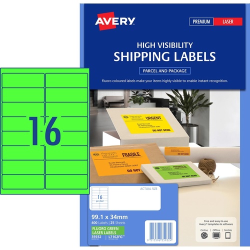 Avery L7162FG Laser Labels Fluoro Green 16 Per Page 25 Pack - 35932