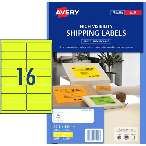 Avery L7162FY Laser Labels Fluoro Yellow 16 Per Page 25 Pack - 35942