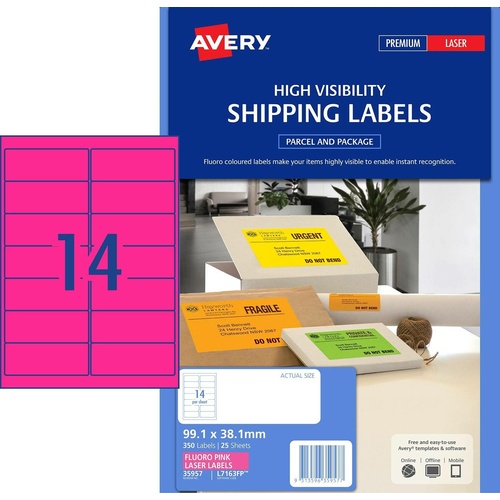 Avery L7163FP Laser Labels Fluoro Pink 14 Per Page 25 Pack - 35957