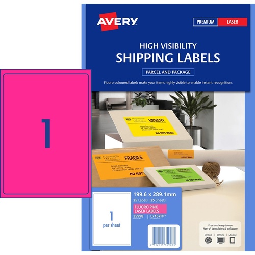 Avery L7167fp Laser Labels Fluoro Pink 1 Per Page 25 Pack - 35998