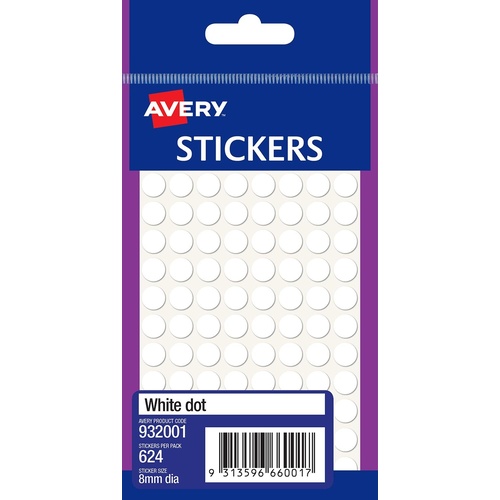 Label Avery White Circle Stickers 8mm Diameter Permanent White Dot 932001 - 10 Pack