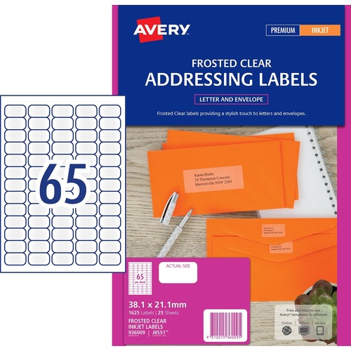 Avery J8567 Label Inkjet Mini Address Clear 65 Per Page 25 Pack - 936009