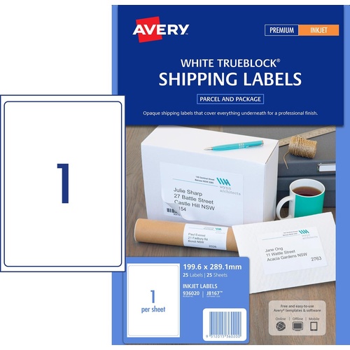 Avery J8167R Inkjet Shipping Labels White 1 Per Page 25 Pack - 936020