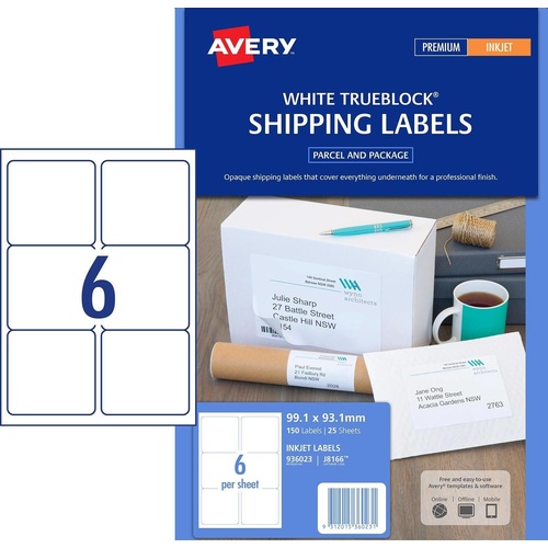 Avery J8166R Inkjet Shipping Labels White 6 Per Page 25 Pack - 936023