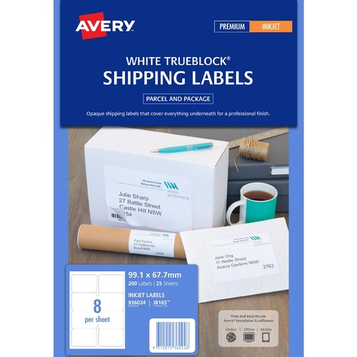 Avery J8165R WHITE TRUEBLOCK Inkjet Shipping Labels White 8 Per Page 25 Pack - 936024