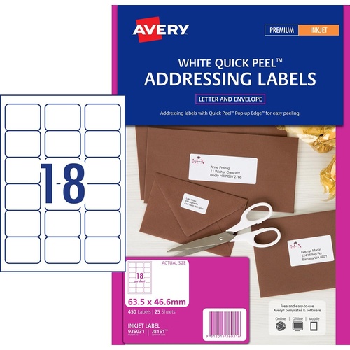 Avery J8161R Inkjet Shipping Labels White 18 Per Page 25 Pack - 936031