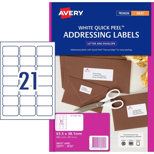 Avery J8160R Inkjet Shipping Labels White 21 Per Page 25 Pack - 936032
