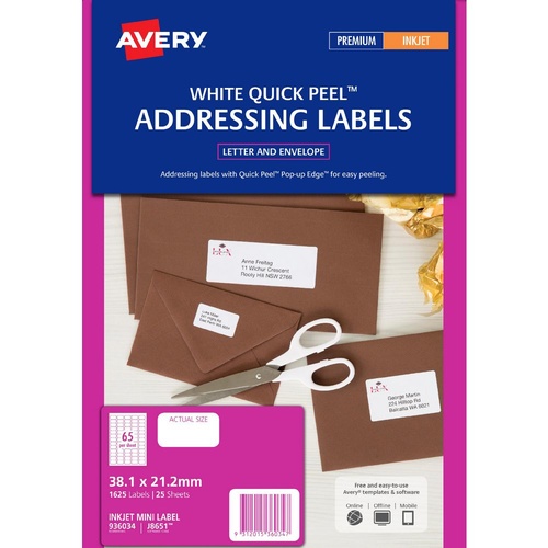 Avery J8651R Inkjet Mini Address Labels White 65 Per Page 25 Pack - 936034