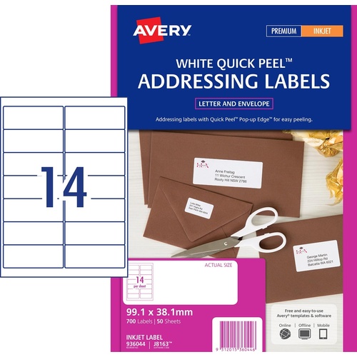 Avery J8163 Label Inkjet Address 14 Per Page 50 Pack - 936044