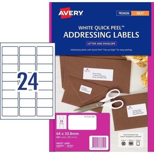 Avery J8159 Inkjet Address Labels White 24 Per Page 25 Pack - 936054