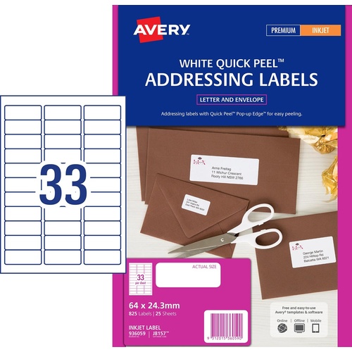 Avery J8157 Inkjet Address Labels White 33 Per Page 25 Pack - 936059