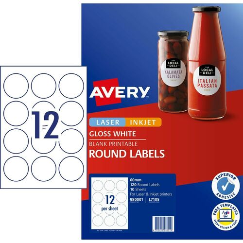 Avery L7105 GLOSSY WHITE Round Labels Laser Inkjet 120 Labels - 980001