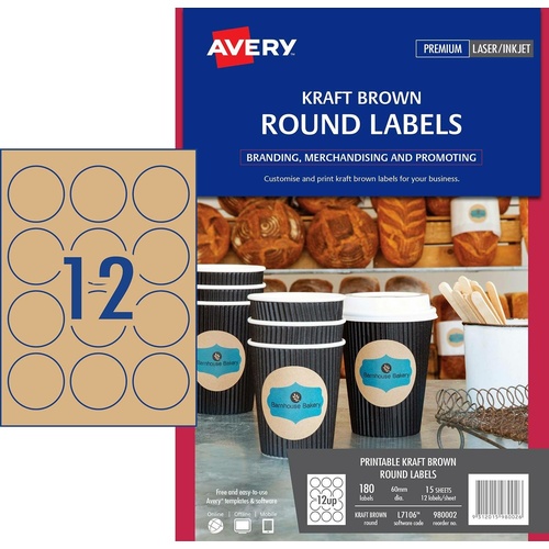 Avery Print to The Edge Round Labels Kraft Brown 12 Per Page 15 Pack - 980002