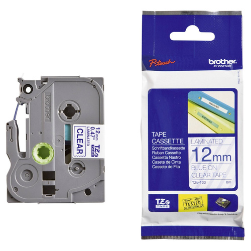 Brother TZe-133 Laminated Tape 12mm x 8m - BLUE-ON-CLEAR (Genuine)