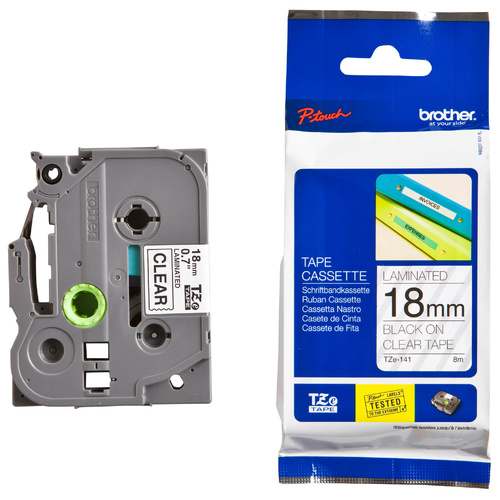 Brother TZe-141 Laminated Tape 18mm x 8m - BLACK-ON-CLEAR (Genuine)