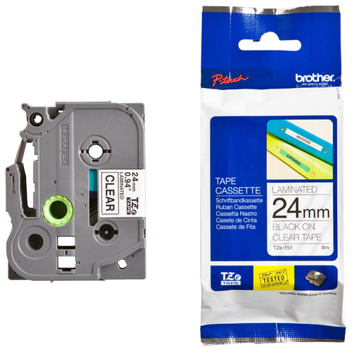 Brother TZe-151 Laminated Tape 24mm x 8m - BLACK-ON-CLEAR (Genuine)