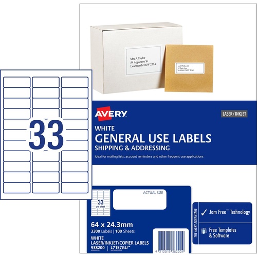 Avery L7157GU General Use Inkjet Copier Laser Labels White 33 Per Page 100 Pack - 938200