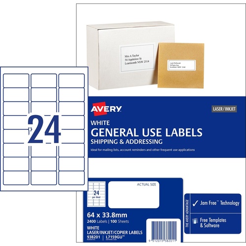 Avery L7159GU General Use Inkjet Copier Laser Labels White 24 Per Page 100 Pack - 938201