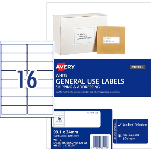 Avery L7162GU General Use Inkjet Copier Laser Labels White 16 Per Page 100 Pack - 938202