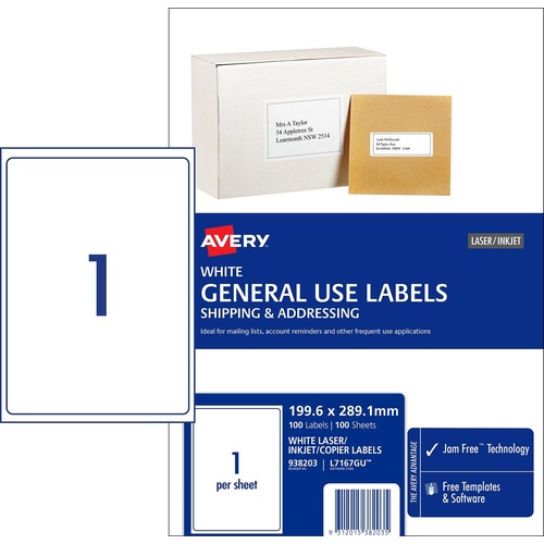 Avery L7167GU General Use Inkjet Copier Laser Labels White 1 Per Page 100 Pack - 938203