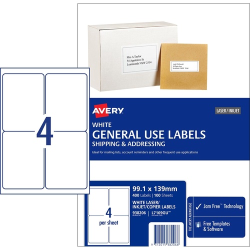 Avery L7169GU General Use Inkjet Copier Laser Labels White 4 Per Page 100 Pack - 938206