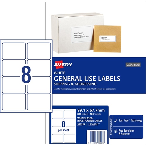 Avery L7165GU General Use Inkjet Copier Laser Labels White 8 Per Page 100 Pack - 938207