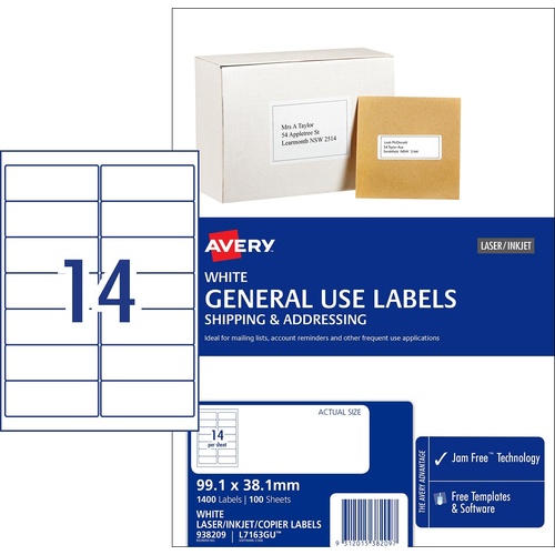 Avery L7163GU General Use Inkjet Copier Laser Labels White 14 Per Page 100 Pack - 938209