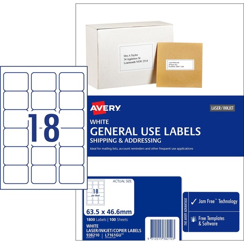 Avery L7161GU General Use Inkjet Copier Laser Labels White 18 Per Page 100 Pack - 938210