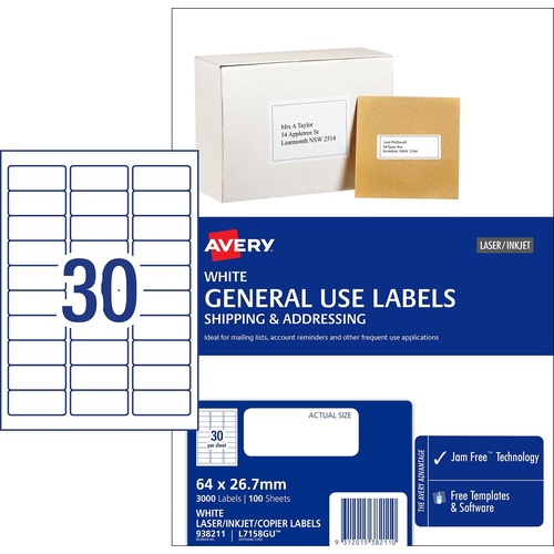 Avery L7158GU General Use Inkjet Copier Laser Labels White 30 Per Page 100 Pack - 938211