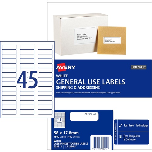 Avery L7156GU General Use Inkjet Copier Laser Labels White 45 Per Page 100 Pack - 938212