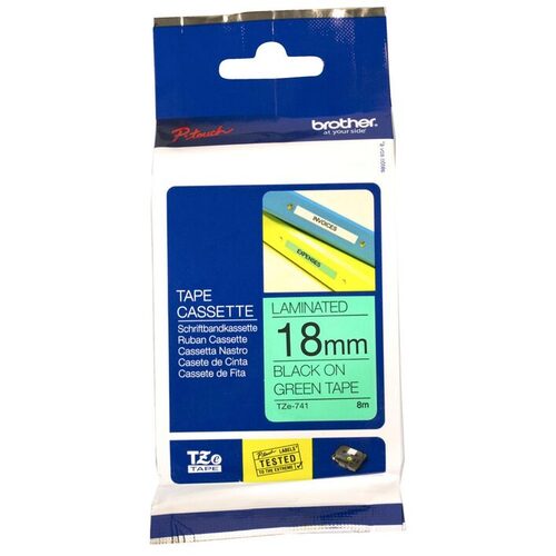 Brother Genuine Laminated Labelling TapeTZe-74118mm x 8m Black on Green