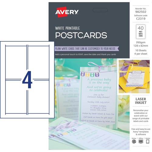 Avery C2319  White Printable Postcards 128 x 82mm 40 Pack - 982502