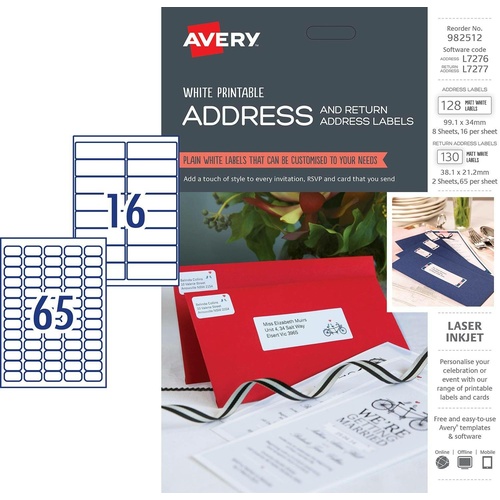 Avery L7161 Laser Inkjet Address Labels Kit White 128 Address/130 Return - 982512