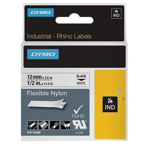 Dymo Industrial Flexible Nylon Label Tape 12mm x 3.5m 18488 - Black on White