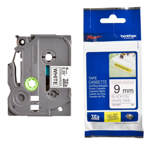 Brother TZe-S221 Strong Laminated Tape 9mm x 8m - Black on White (Genuine)