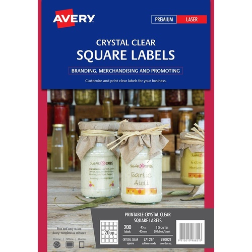 Avery Crystal Clear Square Labels Transparent 20 Per Page 10 Pack - 980021